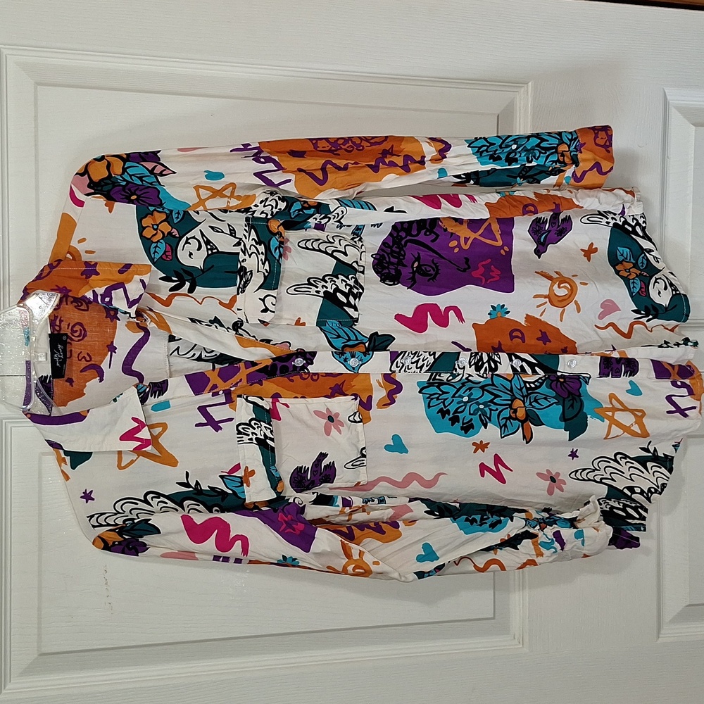 Milk and Honey rayon button-up v-neck blouse top - S - bird woman abstract print